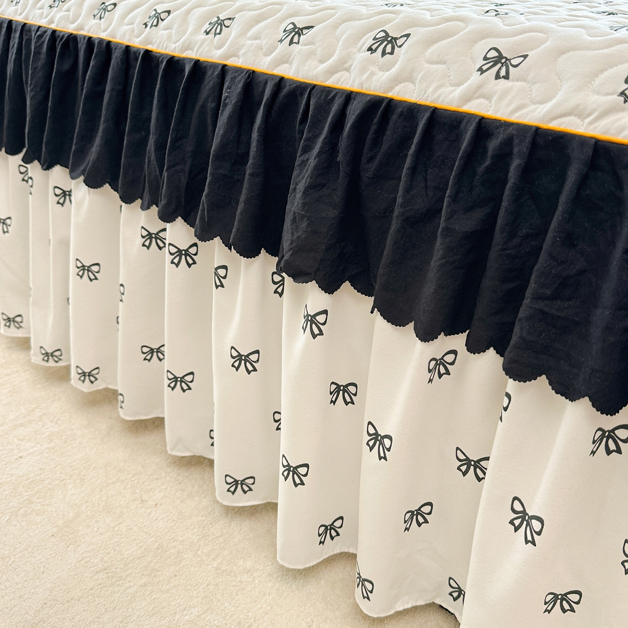 91家纺网 家纺一手货源 找家纺 笠裙家纺 2025新款水洗棉荷叶花边法式赫本风夹棉加厚床裙单床裙床裙单件 夹棉-蝴蝶结