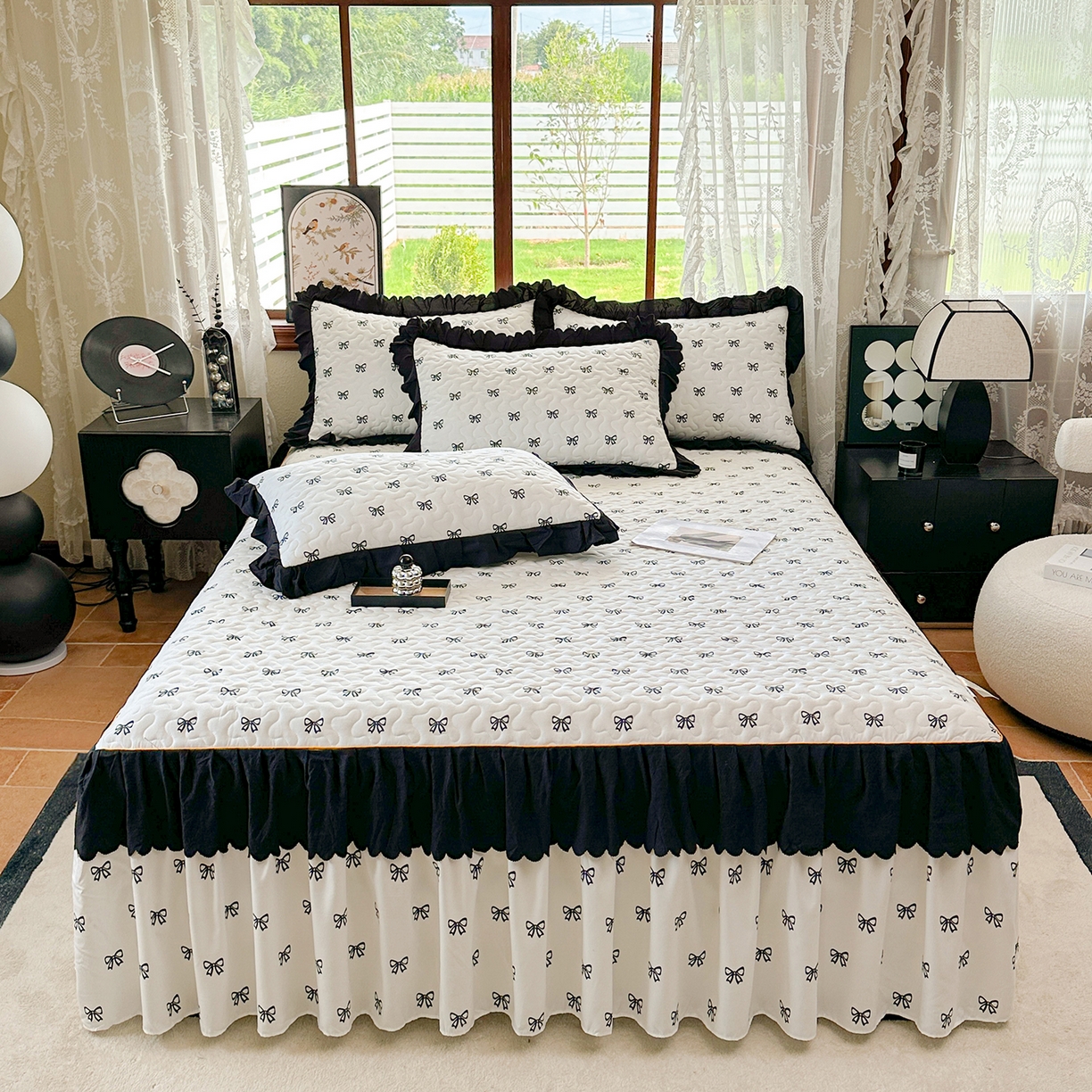 91家纺网 家纺一手货源 找家纺 笠裙家纺 2025新款水洗棉荷叶花边法式赫本风夹棉加厚床裙单床裙床裙单件 夹棉-蝴蝶结