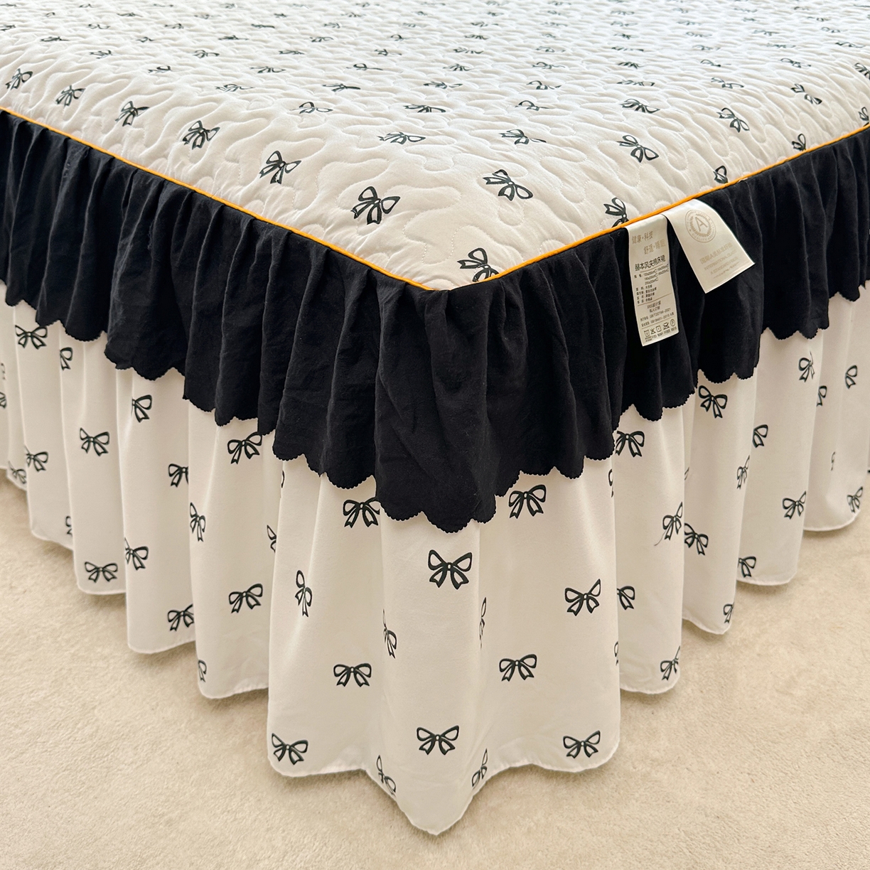 91家纺网 家纺一手货源 找家纺 笠裙家纺 2025新款水洗棉荷叶花边法式赫本风夹棉加厚床裙单床裙床裙单件 夹棉-蝴蝶结