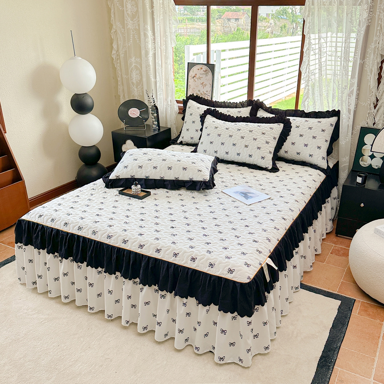 91家纺网 家纺一手货源 找家纺 笠裙家纺 2025新款水洗棉荷叶花边法式赫本风夹棉加厚床裙单床裙床裙单件 夹棉-蝴蝶结