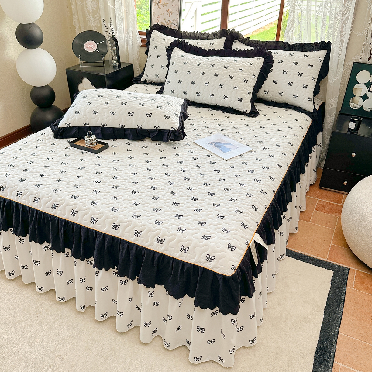 91家纺网 家纺一手货源 找家纺 笠裙家纺 2025新款水洗棉荷叶花边法式赫本风夹棉加厚床裙单床裙床裙单件 夹棉-蝴蝶结