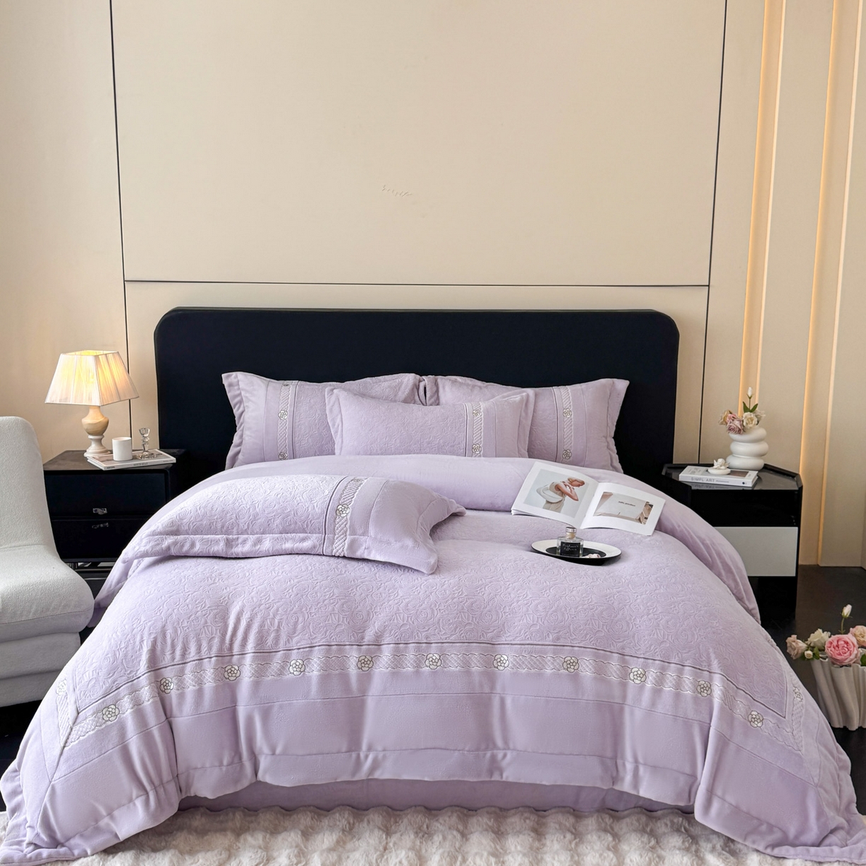 博纳家纺 2025新款230克雕花绒法式花边刺绣加厚牛奶绒四件套-花海 控价劵后248（严格按控价来） 花海-浅紫