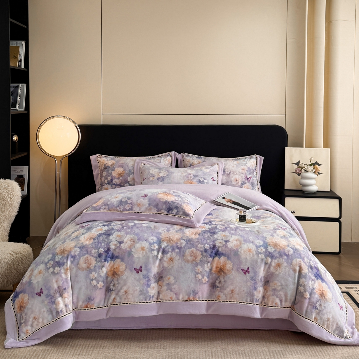 91家纺网 家纺一手货源 找家纺 （总）博纳家纺 2025新款宽边高级简奢全消光牛奶绒数码印花镂空嵌绳四件套-达琳 控价劵后248（严格按控价来）