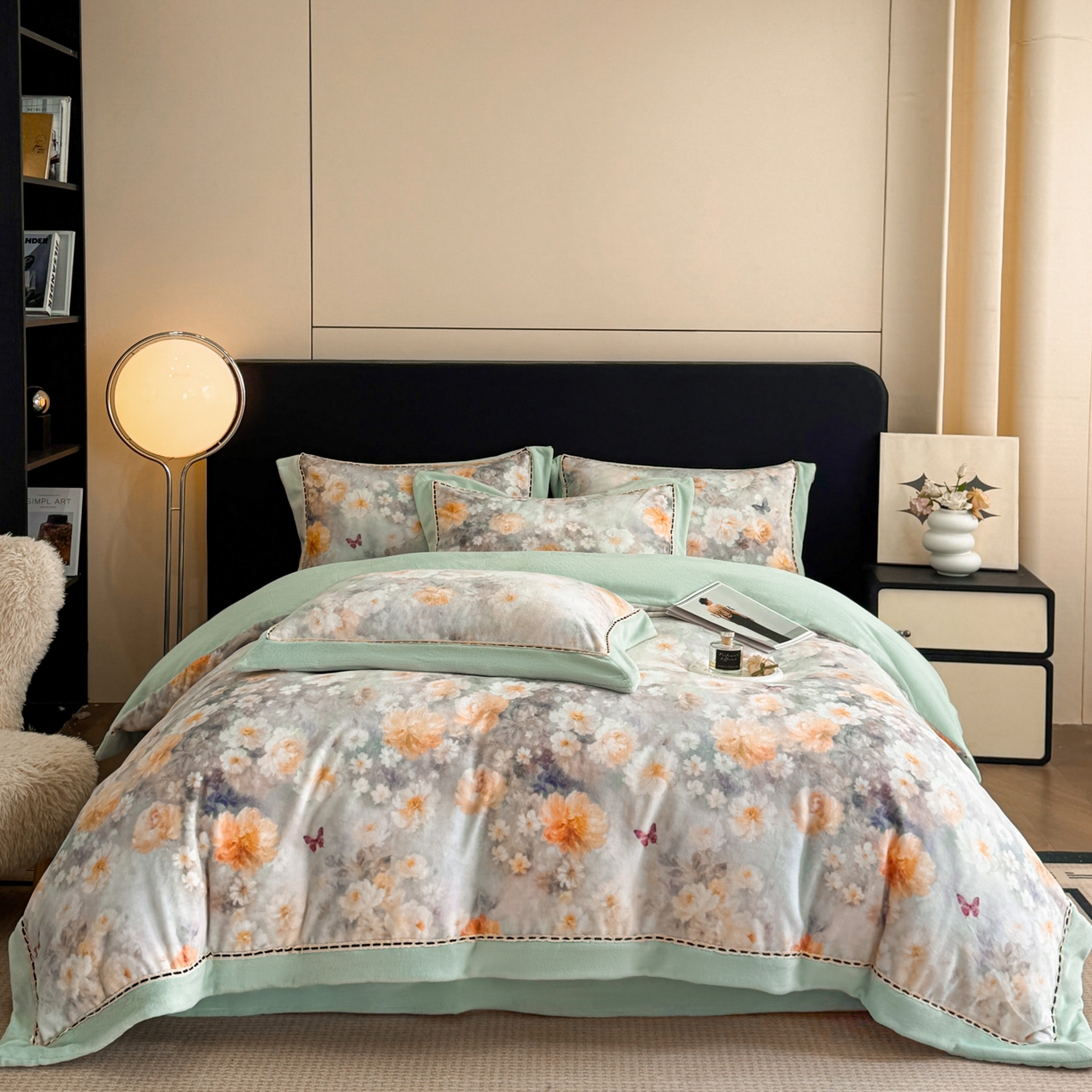 91家纺网 家纺一手货源 找家纺 （总）博纳家纺 2025新款宽边高级简奢全消光牛奶绒数码印花镂空嵌绳四件套-达琳 控价劵后248（严格按控价来）