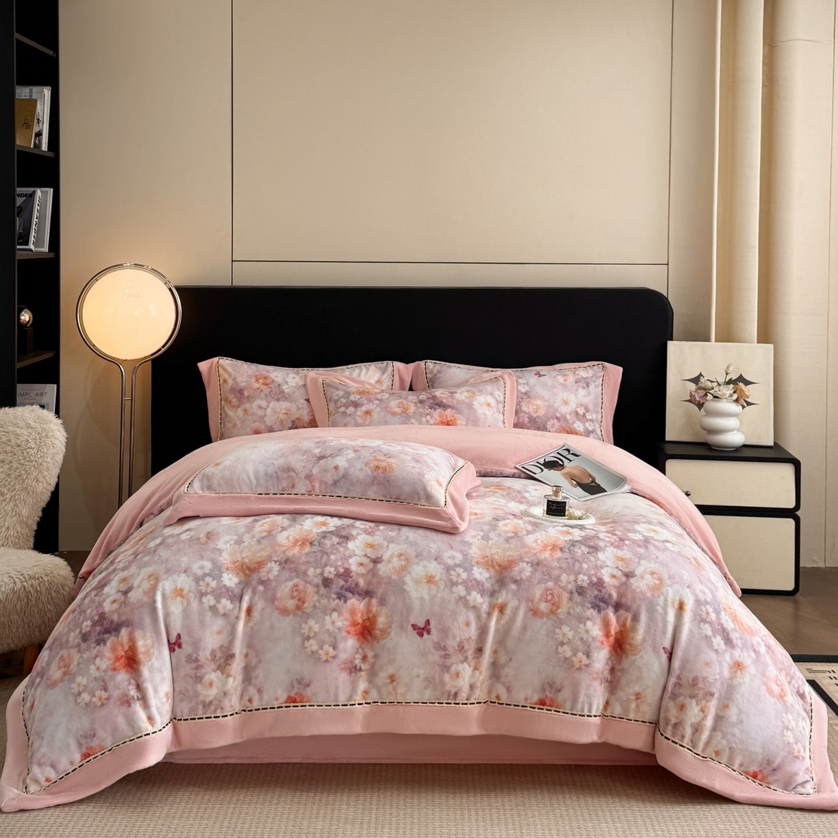 博纳家纺 2025新款宽边高级简奢全消光牛奶绒数码印花镂空嵌绳四件套-达琳 控价劵后248（严格按控价来） 达琳-粉玉