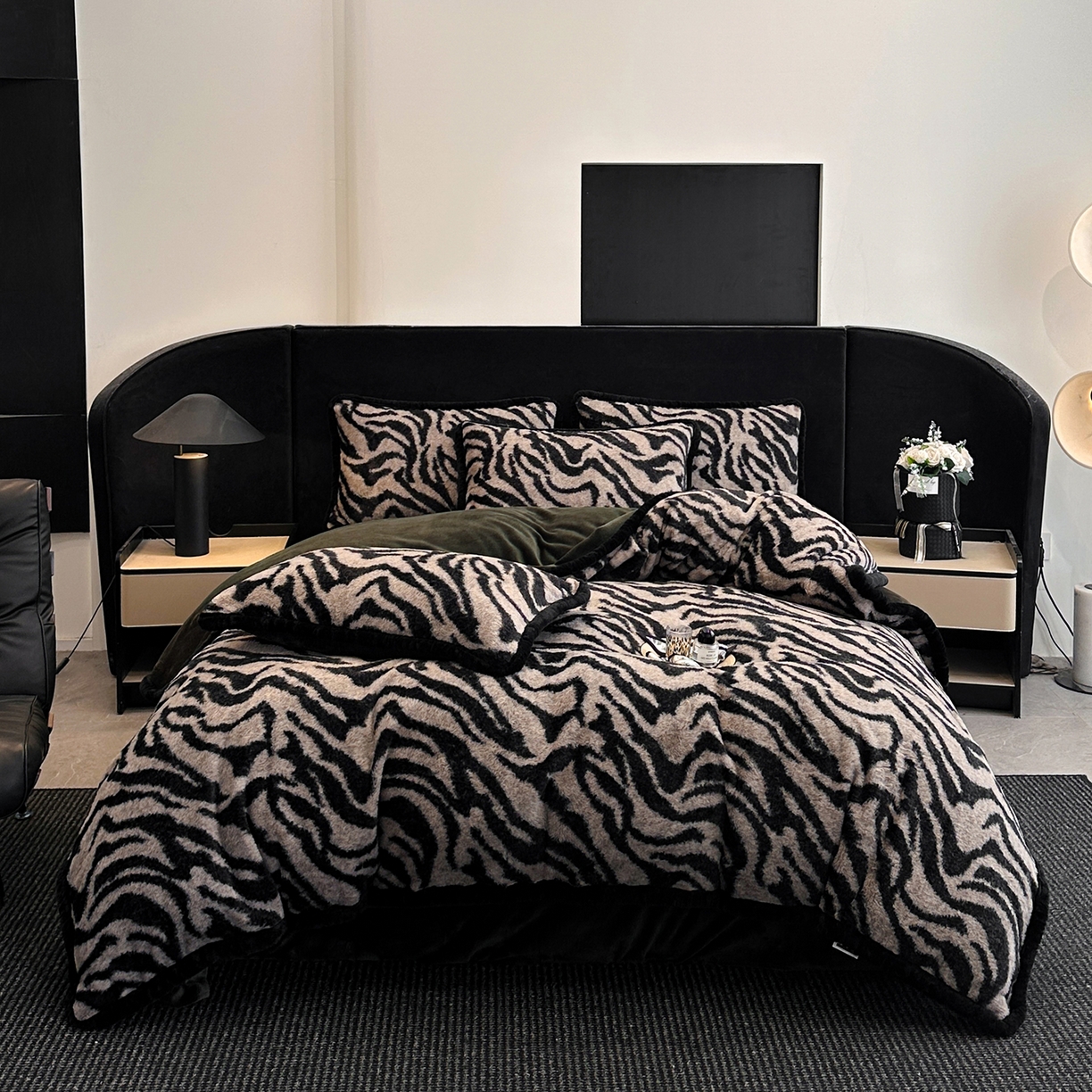 畅畅家纺 2025新款高克重新款冬季加厚兔毛绒包边款床单床笠四件套 斑马纹