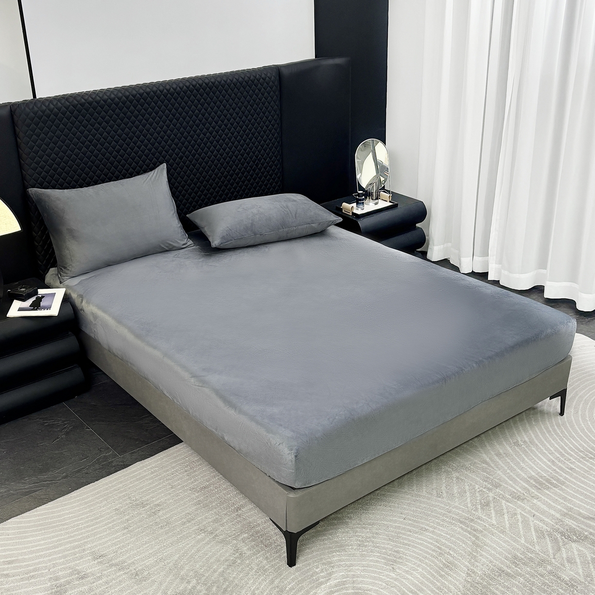 91家纺网 家纺一手货源 找家纺 馨乐家纺 2025新款简约时尚纯色水晶绒床笠 深灰