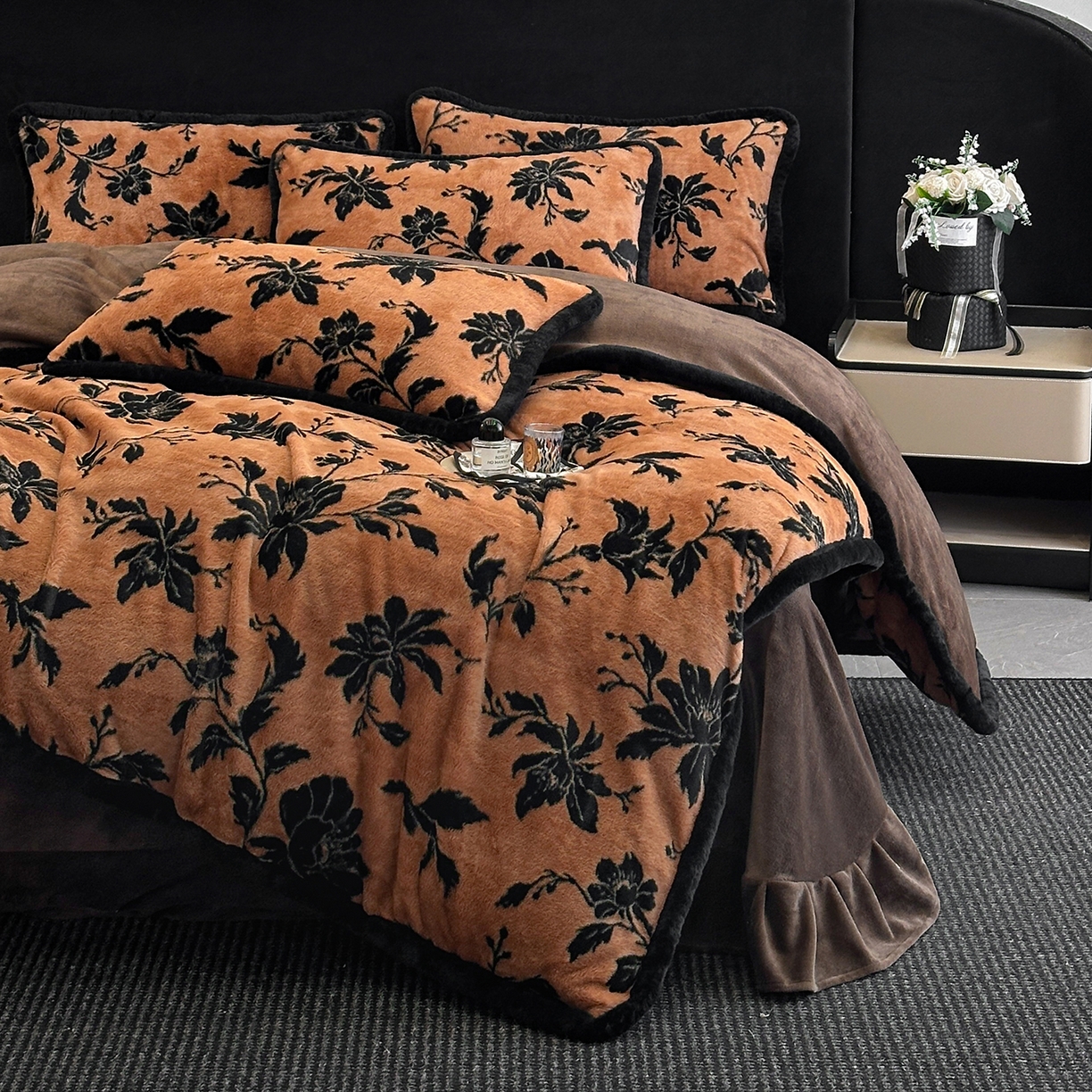 91家纺网 家纺一手货源 找家纺 畅畅家纺 2025新款高克重新款冬季加厚兔毛绒包边款床单床笠四件套 国色天香