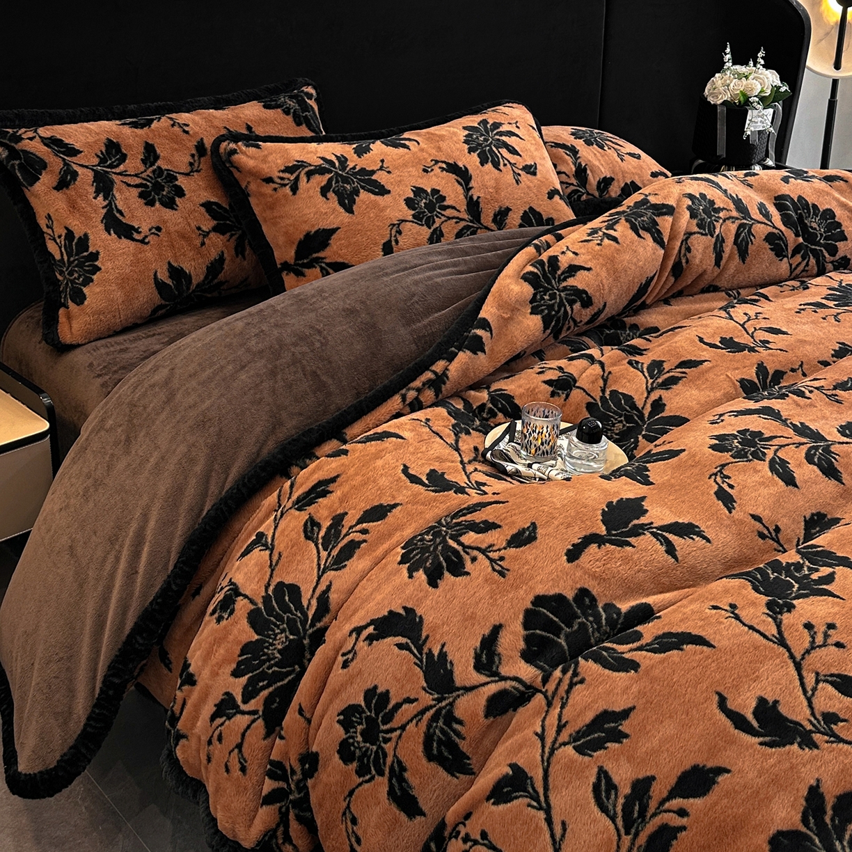 91家纺网 家纺一手货源 找家纺 畅畅家纺 2025新款高克重新款冬季加厚兔毛绒包边款床单床笠四件套 国色天香