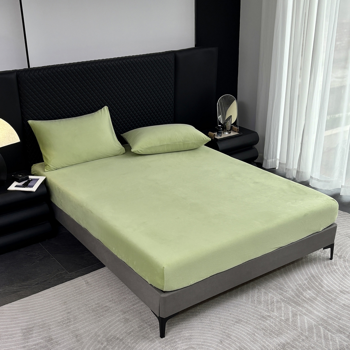 91家纺网 家纺一手货源 找家纺 馨乐家纺 2025新款简约时尚纯色水晶绒床笠 抹茶