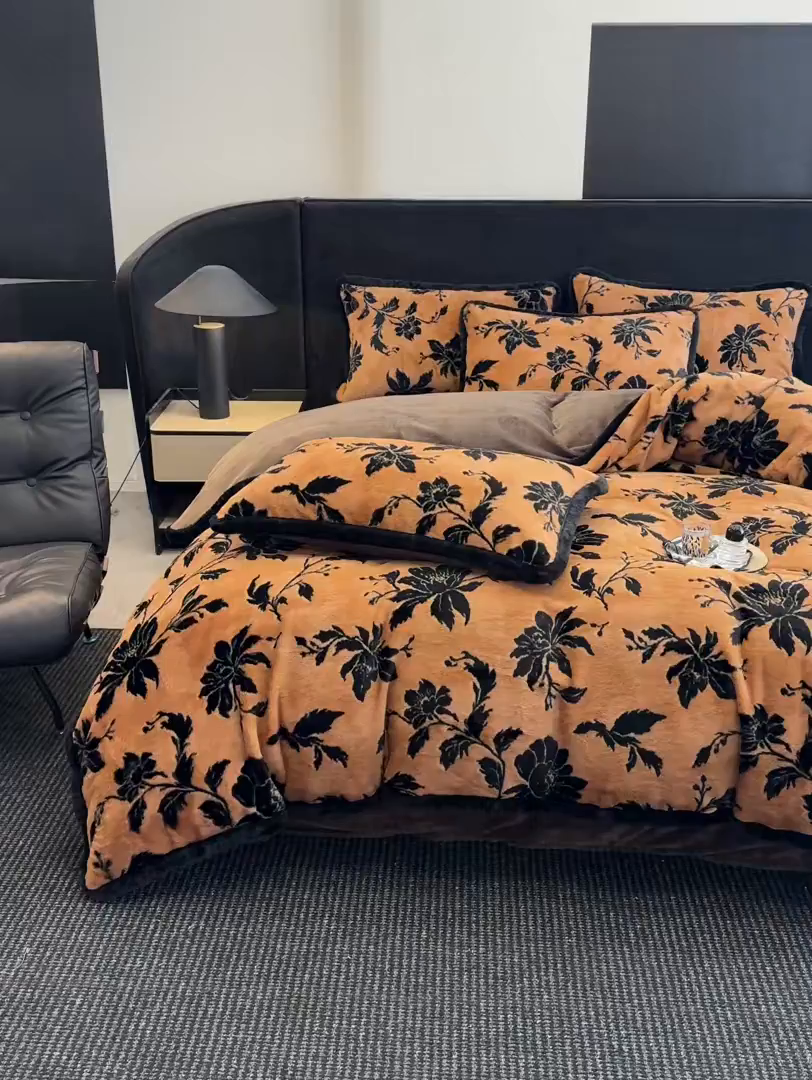 91家纺网 家纺一手货源 找家纺 畅畅家纺 2025新款高克重新款冬季加厚兔毛绒包边款床单床笠四件套 国色天香