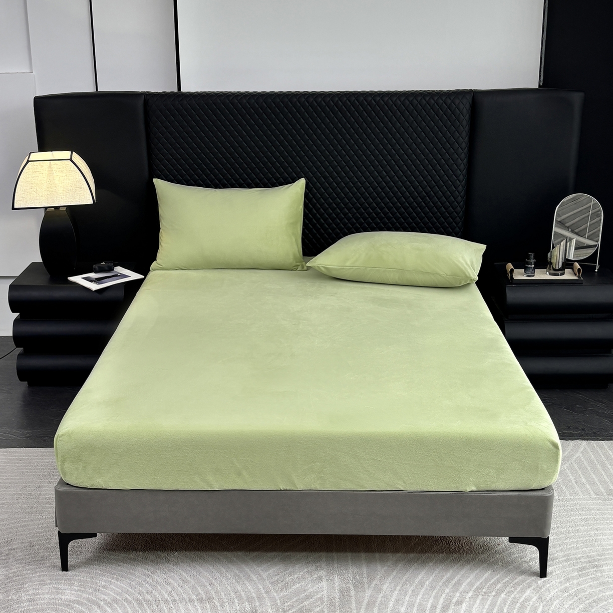 91家纺网 家纺一手货源 找家纺 馨乐家纺 2025新款简约时尚纯色水晶绒床笠 抹茶