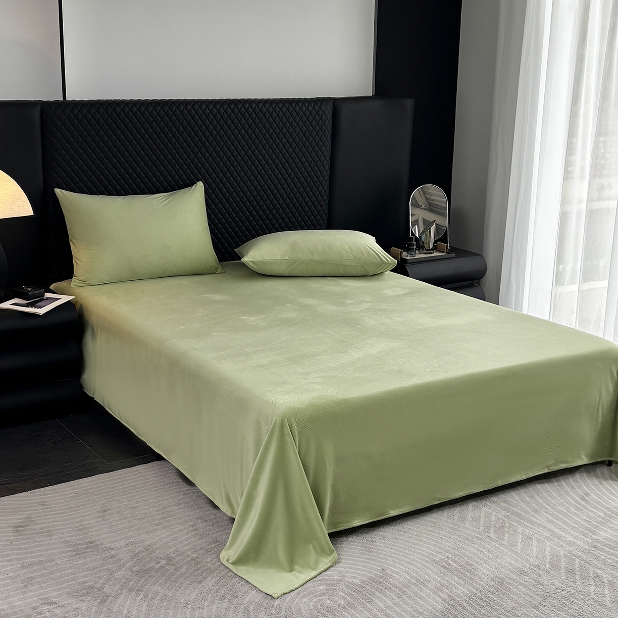 91家纺网 家纺一手货源 找家纺 馨乐家纺 2025新款简约时尚纯色水晶绒床单 抹茶