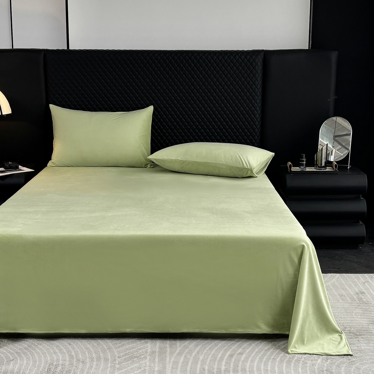 91家纺网 家纺一手货源 找家纺 馨乐家纺 2025新款简约时尚纯色水晶绒床单 抹茶