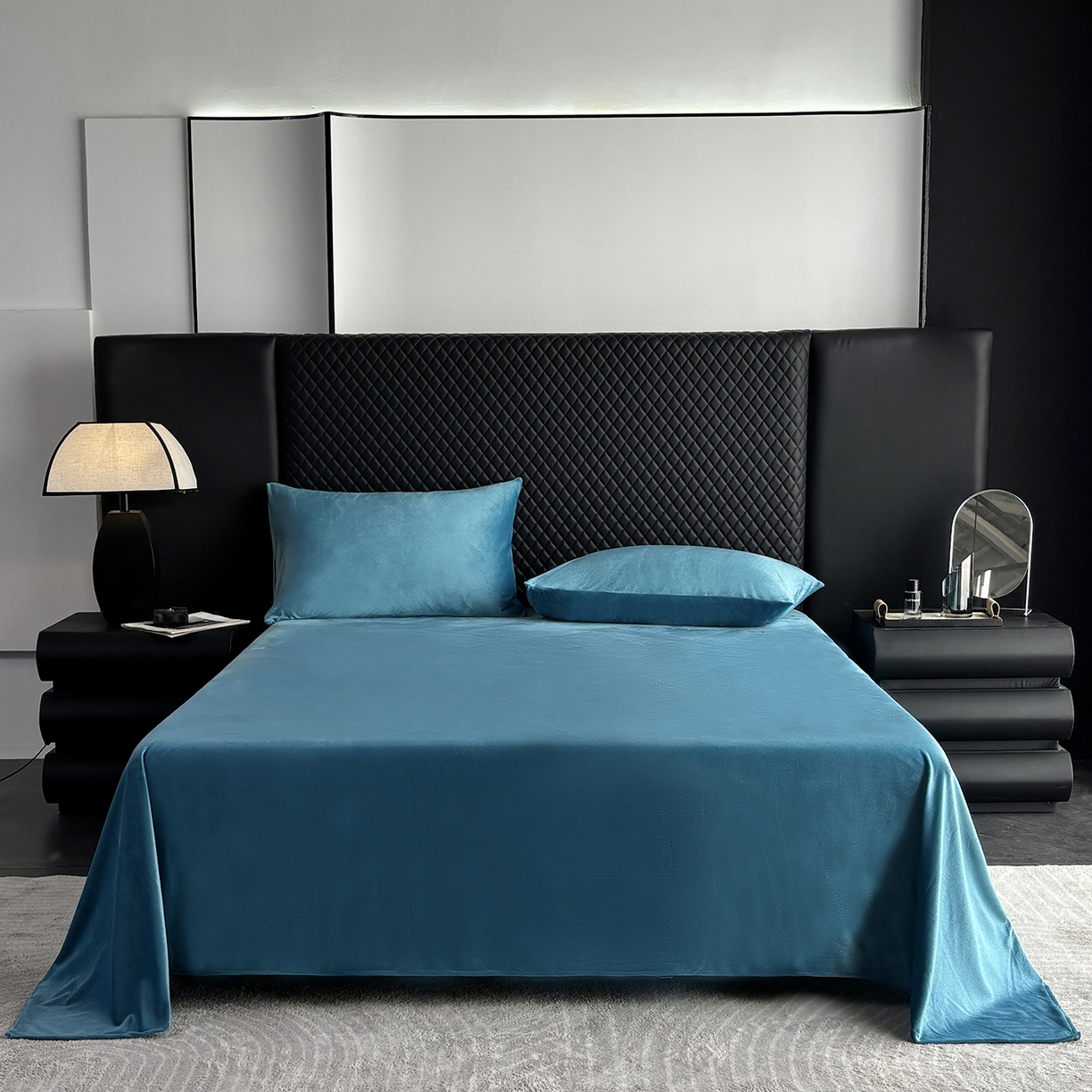 91家纺网 家纺一手货源 找家纺 馨乐家纺 2025新款简约时尚纯色水晶绒床单 深蓝