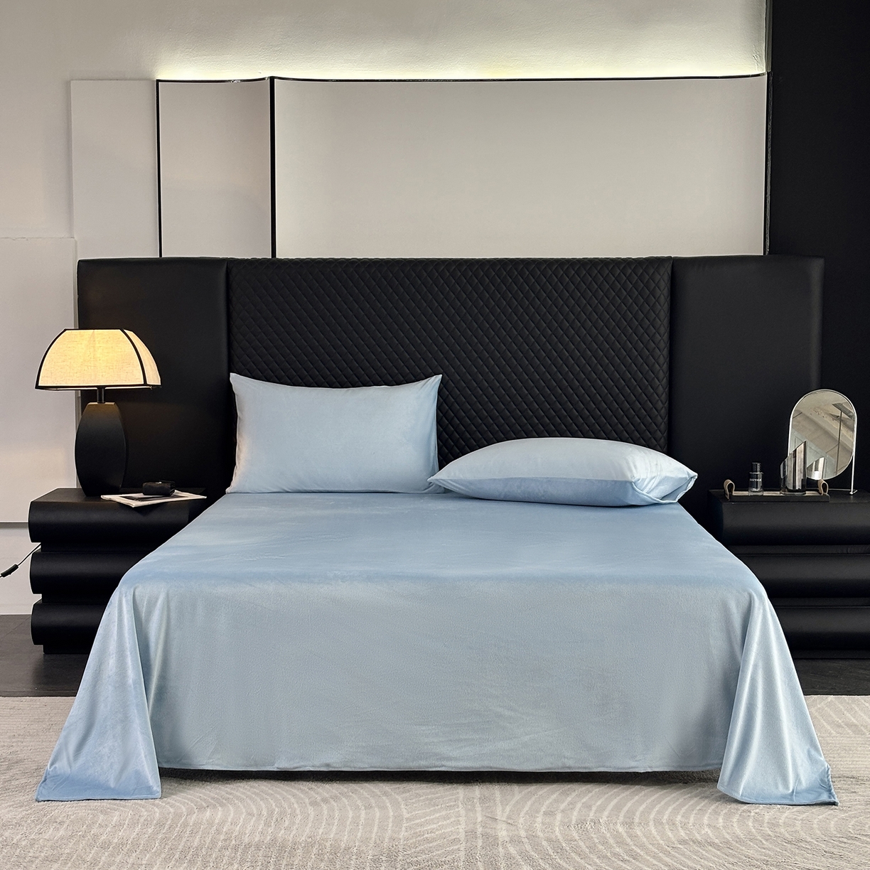 91家纺网 家纺一手货源 找家纺 馨乐家纺 2025新款简约时尚纯色水晶绒床单 浅蓝