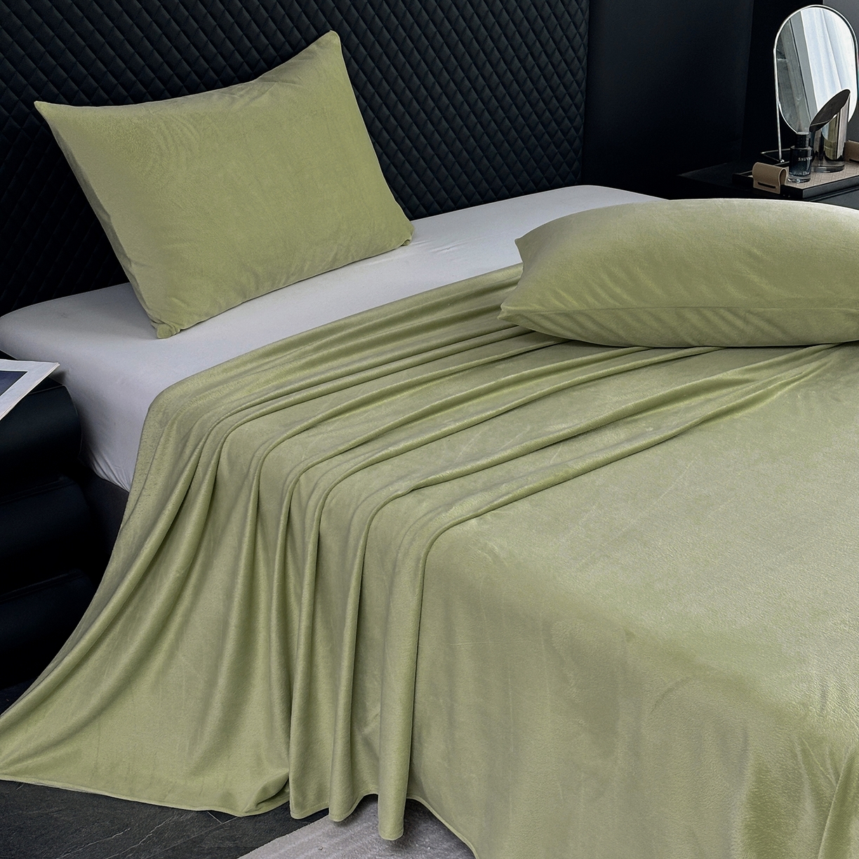 馨乐家纺 2025新款简约时尚纯色水晶绒床单 抹茶