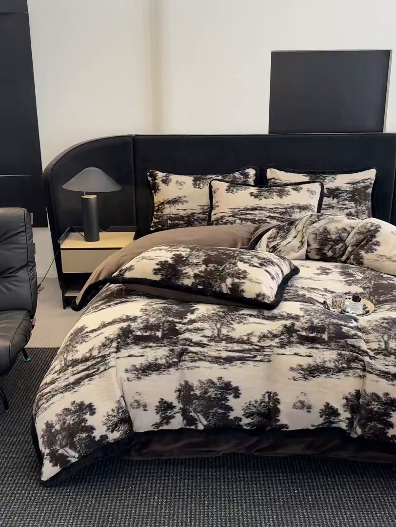 91家纺网 家纺一手货源 找家纺 畅畅家纺 2025新款高克重新款冬季加厚兔毛绒包边款床单床笠四件套 墨韵