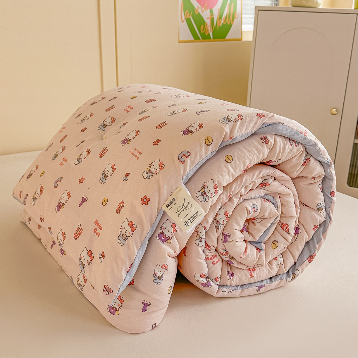 91家纺网 家纺一手货源 找家纺 佳鸿家纺 2025新款云感双层纱冬被软糯云朵棉春秋被被子加厚被芯 粉猫甜心派对