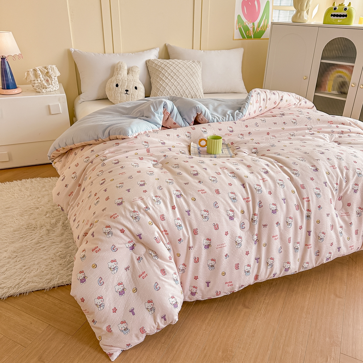 91家纺网 家纺一手货源 找家纺 佳鸿家纺 2025新款云感双层纱冬被软糯云朵棉春秋被被子加厚被芯 粉猫甜心派对