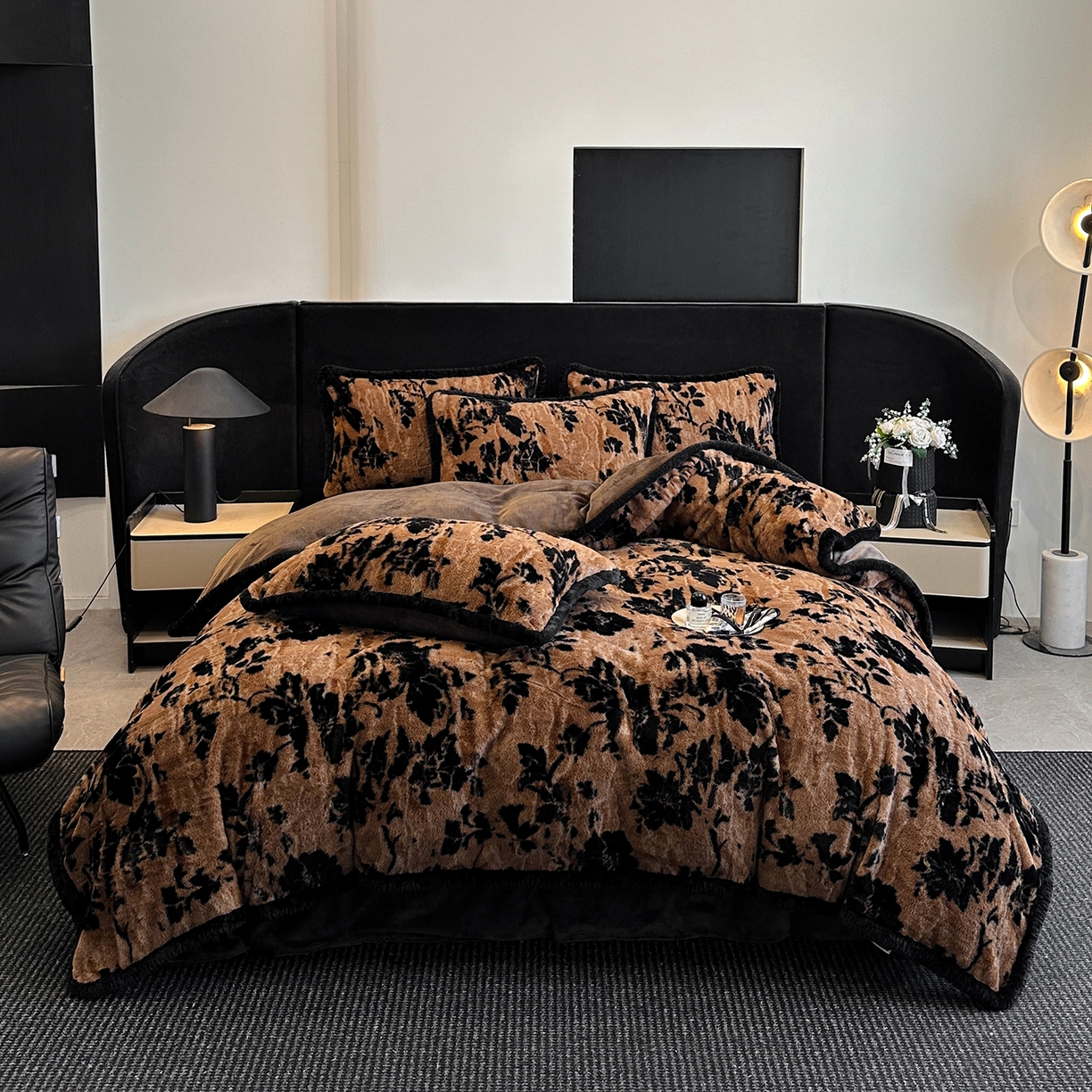 畅畅家纺 2025新款高克重新款冬季加厚兔毛绒包边款床单床笠四件套 秋庭蜜语