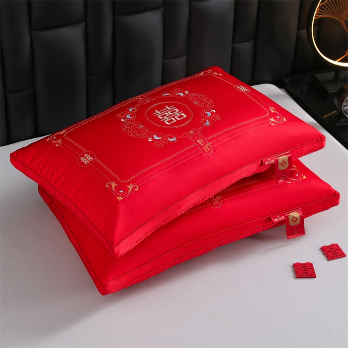 91家纺网 家纺一手货源 找家纺 织布人 2025新款枕芯轻奢A类贡缎天丝刺绣婚庆枕头大红结婚专用枕芯 A类贡缎天丝枕-比翼喜恋