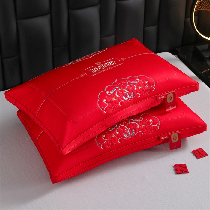 91家纺网 家纺一手货源 找家纺 织布人 2025新款枕芯轻奢A类贡缎天丝刺绣婚庆枕头大红结婚专用枕芯 A类贡缎天丝枕-天长地久