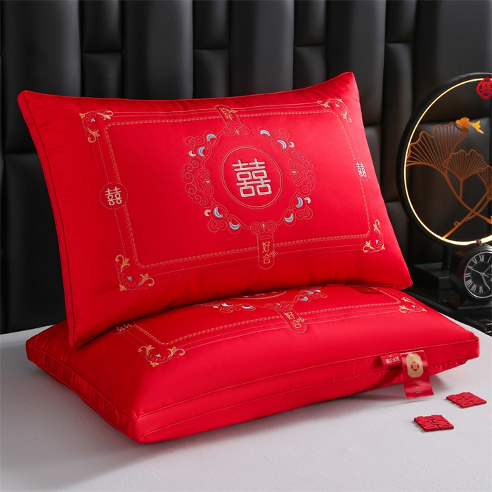 91家纺网 家纺一手货源 找家纺 织布人 2025新款枕芯轻奢A类贡缎天丝刺绣婚庆枕头大红结婚专用枕芯 A类贡缎天丝枕-比翼喜恋