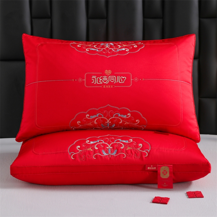 91家纺网 家纺一手货源 找家纺 织布人 2025新款枕芯轻奢A类贡缎天丝刺绣婚庆枕头大红结婚专用枕芯 A类贡缎天丝枕-天长地久