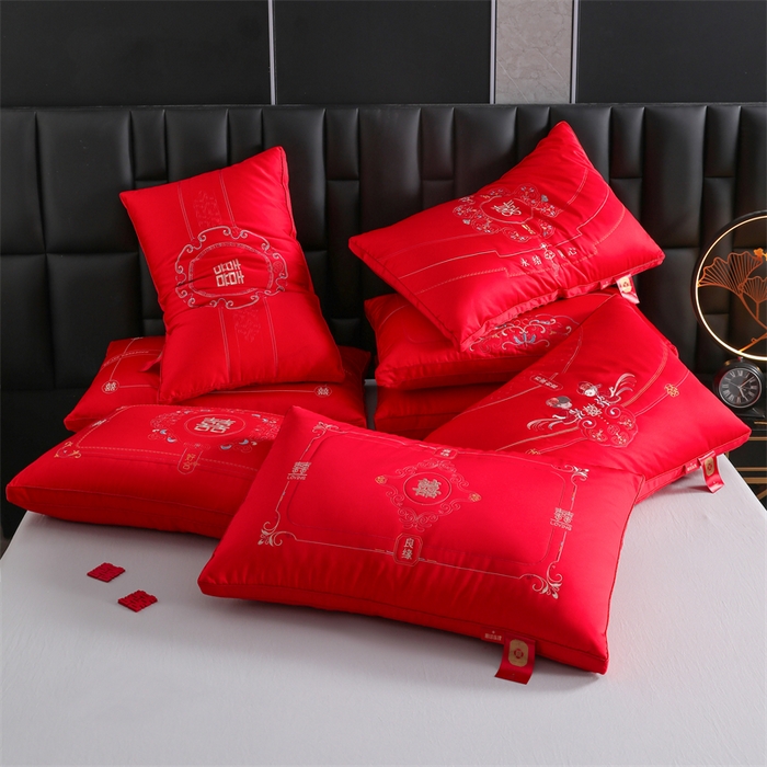 91家纺网 家纺一手货源 找家纺 织布人 2025新款枕芯轻奢A类贡缎天丝刺绣婚庆枕头大红结婚专用枕芯 组合图