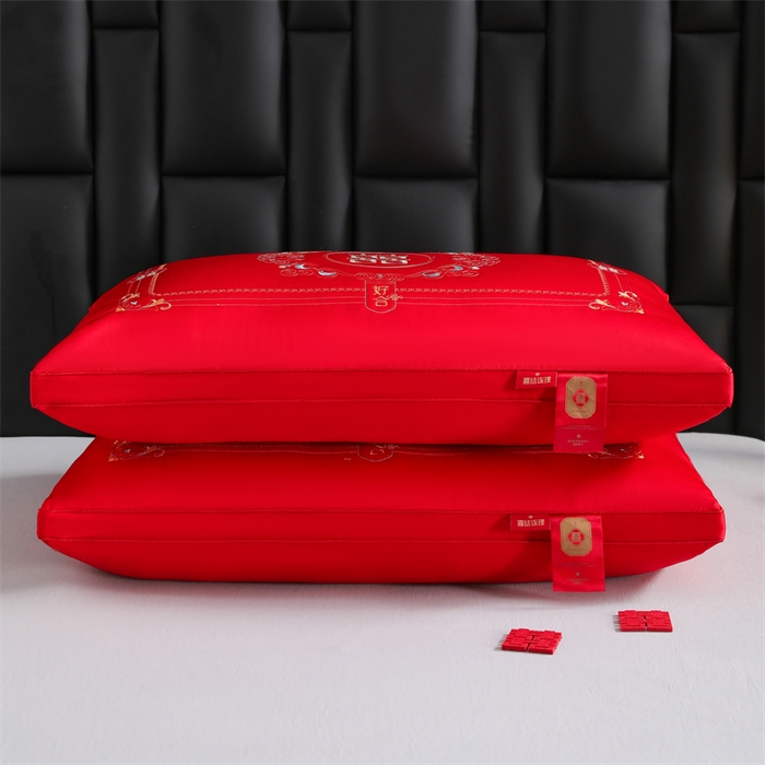 91家纺网 家纺一手货源 找家纺 织布人 2025新款枕芯轻奢A类贡缎天丝刺绣婚庆枕头大红结婚专用枕芯 A类贡缎天丝枕-比翼喜恋