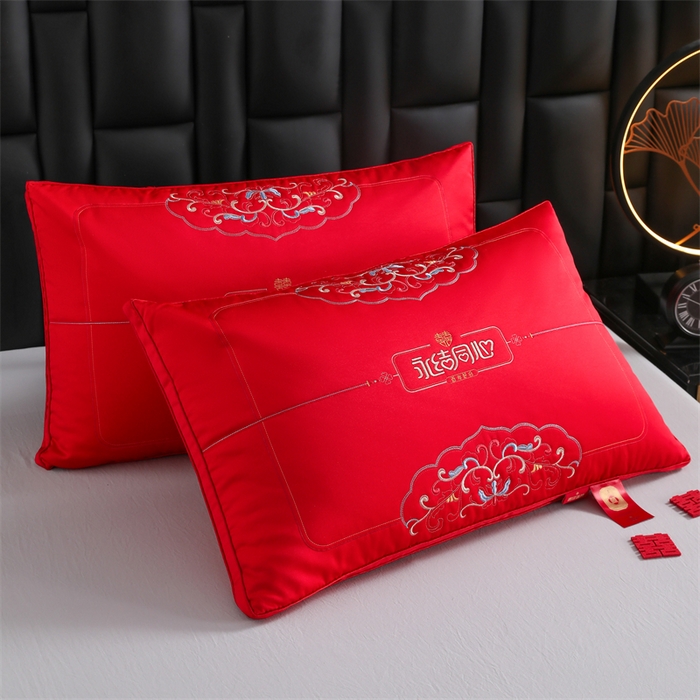 91家纺网 家纺一手货源 找家纺 织布人 2025新款枕芯轻奢A类贡缎天丝刺绣婚庆枕头大红结婚专用枕芯 A类贡缎天丝枕-天长地久