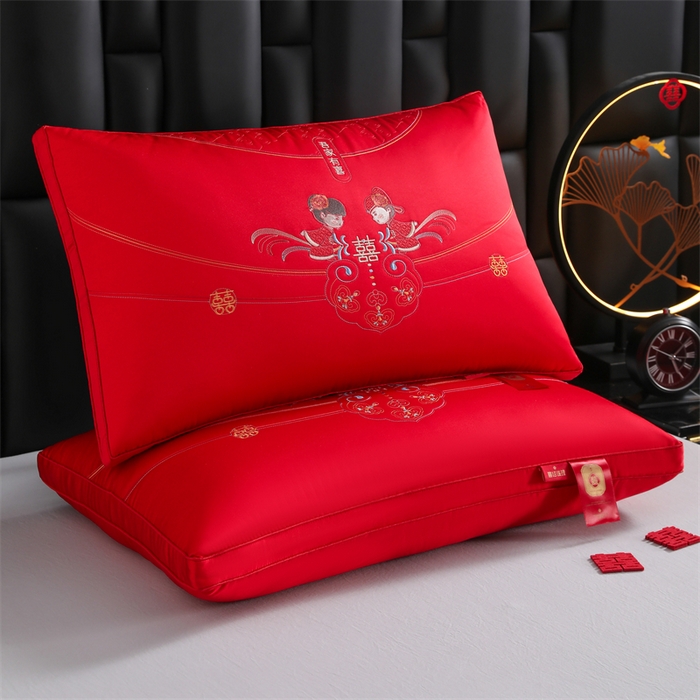 91家纺网 家纺一手货源 找家纺 织布人 2025新款枕芯轻奢A类贡缎天丝刺绣婚庆枕头大红结婚专用枕芯 A类贡缎天丝枕-吾家有喜