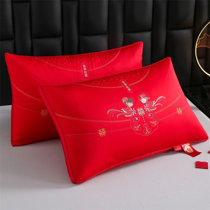 91家纺网 家纺一手货源 找家纺 织布人 2025新款枕芯轻奢A类贡缎天丝刺绣婚庆枕头大红结婚专用枕芯 A类贡缎天丝枕-吾家有喜