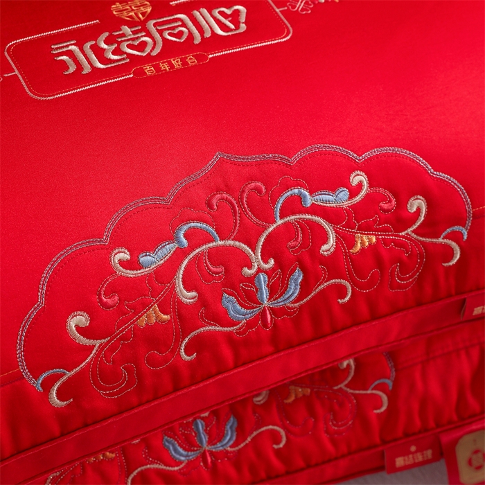 91家纺网 家纺一手货源 找家纺 织布人 2025新款枕芯轻奢A类贡缎天丝刺绣婚庆枕头大红结婚专用枕芯 A类贡缎天丝枕-天长地久