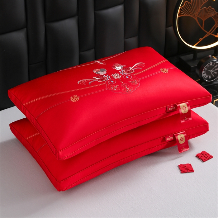 织布人 2025新款枕芯轻奢A类贡缎天丝刺绣婚庆枕头大红结婚专用枕芯 A类贡缎天丝枕-吾家有喜