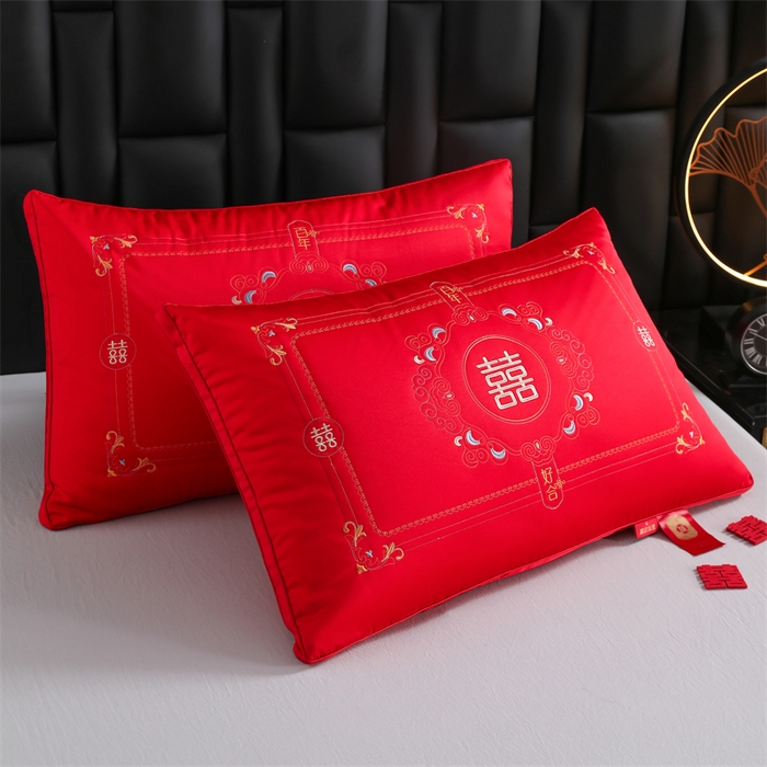 91家纺网 家纺一手货源 找家纺 织布人 2025新款枕芯轻奢A类贡缎天丝刺绣婚庆枕头大红结婚专用枕芯 A类贡缎天丝枕-比翼喜恋