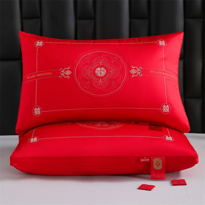 91家纺网 家纺一手货源 找家纺 织布人 2025新款枕芯轻奢A类贡缎天丝刺绣婚庆枕头大红结婚专用枕芯 A类贡缎天丝枕-琴瑟和鸣