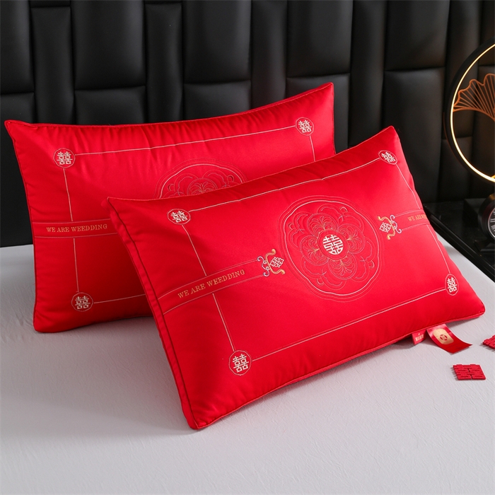 91家纺网 家纺一手货源 找家纺 织布人 2025新款枕芯轻奢A类贡缎天丝刺绣婚庆枕头大红结婚专用枕芯 A类贡缎天丝枕-琴瑟和鸣