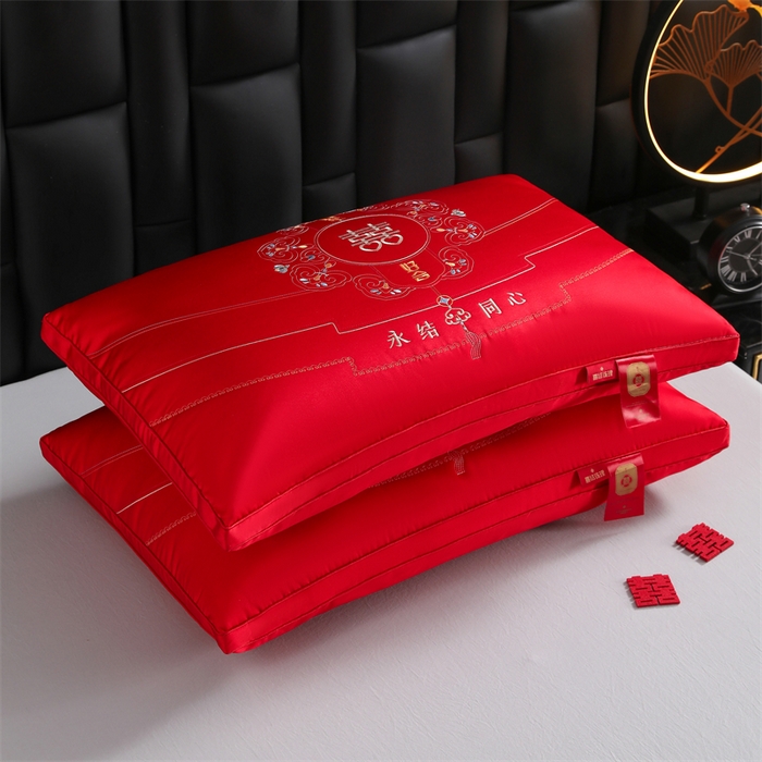 织布人 2025新款枕芯轻奢A类贡缎天丝刺绣婚庆枕头大红结婚专用枕芯 A类贡缎天丝枕-一恋倾城