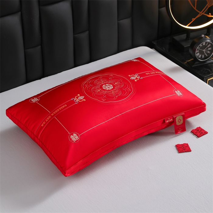 91家纺网 家纺一手货源 找家纺 织布人 2025新款枕芯轻奢A类贡缎天丝刺绣婚庆枕头大红结婚专用枕芯 A类贡缎天丝枕-琴瑟和鸣