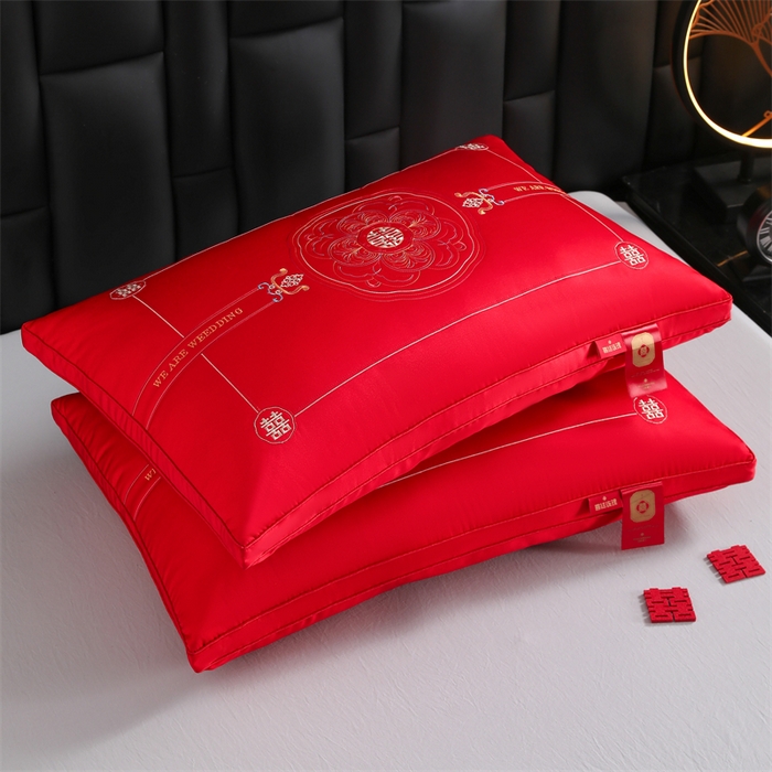 91家纺网 家纺一手货源 找家纺 织布人 2025新款枕芯轻奢A类贡缎天丝刺绣婚庆枕头大红结婚专用枕芯 A类贡缎天丝枕-琴瑟和鸣