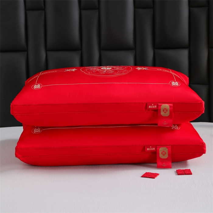 91家纺网 家纺一手货源 找家纺 织布人 2025新款枕芯轻奢A类贡缎天丝刺绣婚庆枕头大红结婚专用枕芯 A类贡缎天丝枕-琴瑟和鸣