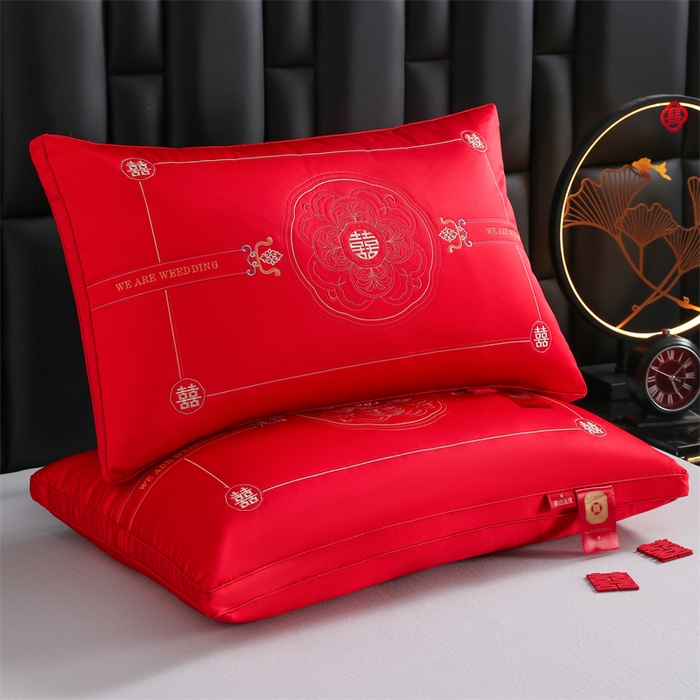 91家纺网 家纺一手货源 找家纺 织布人 2025新款枕芯轻奢A类贡缎天丝刺绣婚庆枕头大红结婚专用枕芯 A类贡缎天丝枕-琴瑟和鸣