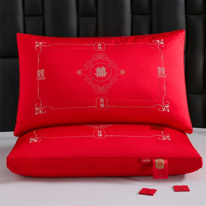 91家纺网 家纺一手货源 找家纺 织布人 2025新款枕芯轻奢A类贡缎天丝刺绣婚庆枕头大红结婚专用枕芯 A类贡缎天丝枕-呈祥报喜