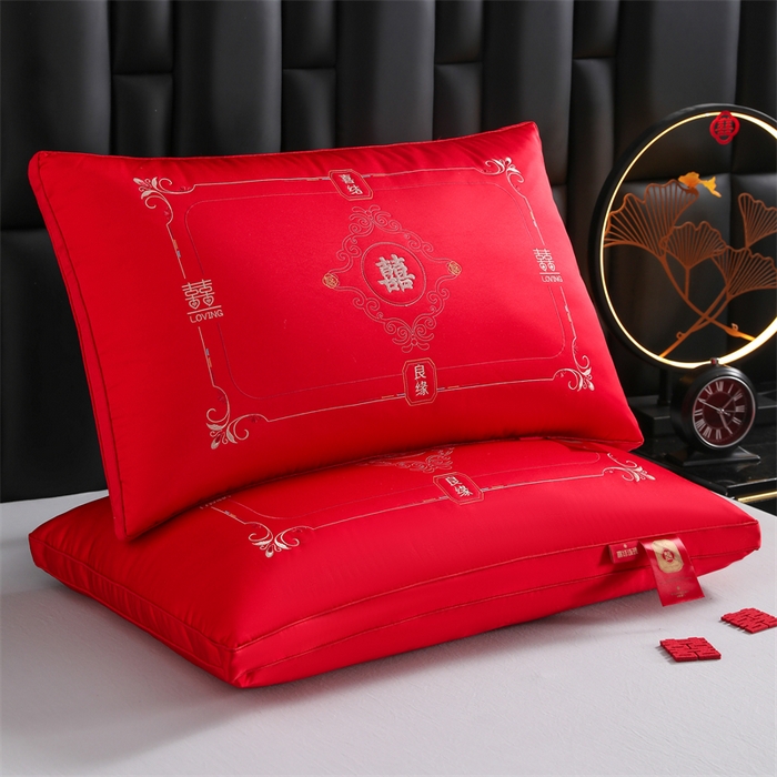 91家纺网 家纺一手货源 找家纺 织布人 2025新款枕芯轻奢A类贡缎天丝刺绣婚庆枕头大红结婚专用枕芯 A类贡缎天丝枕-呈祥报喜
