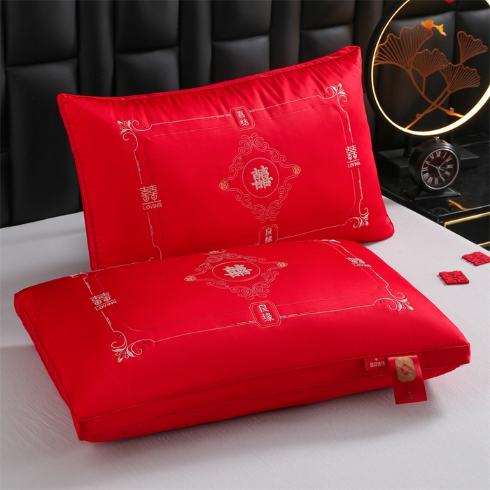 91家纺网 家纺一手货源 找家纺 织布人 2025新款枕芯轻奢A类贡缎天丝刺绣婚庆枕头大红结婚专用枕芯 A类贡缎天丝枕-呈祥报喜