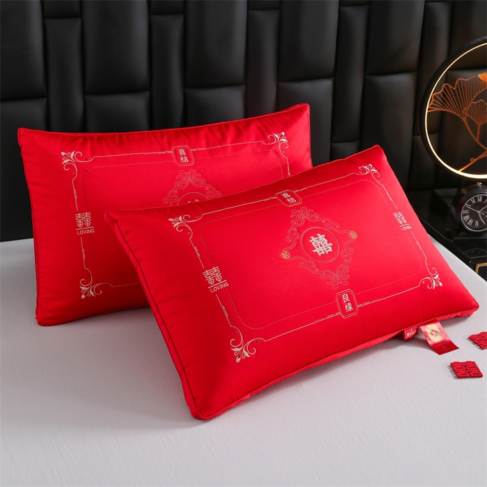 91家纺网 家纺一手货源 找家纺 织布人 2025新款枕芯轻奢A类贡缎天丝刺绣婚庆枕头大红结婚专用枕芯 A类贡缎天丝枕-呈祥报喜