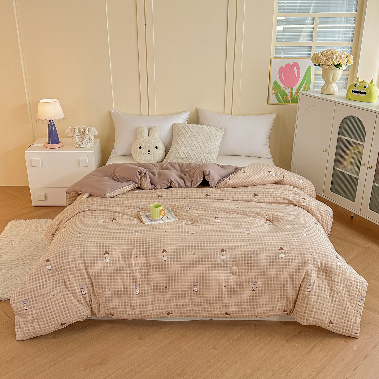 91家纺网 家纺一手货源 找家纺 佳鸿家纺 2025新款云感双层纱冬被软糯云朵棉春秋被被子加厚被芯 萌宠咖