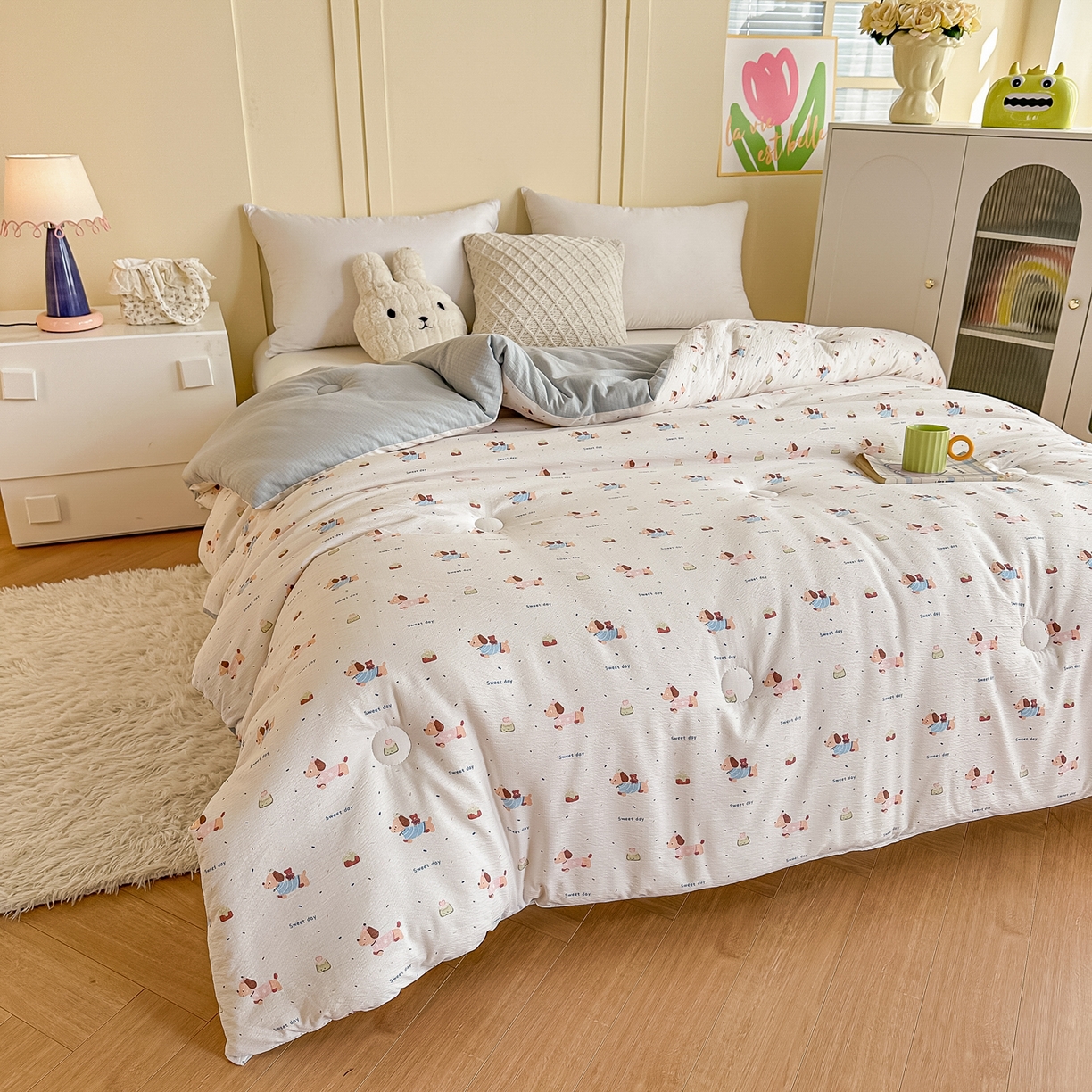 91家纺网 家纺一手货源 找家纺 佳鸿家纺 2025新款云感双层纱冬被软糯云朵棉春秋被被子加厚被芯 萌趣小狗